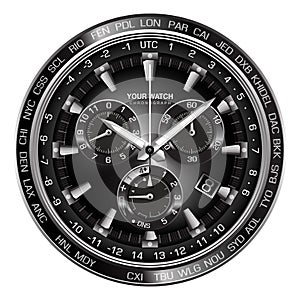 Realistic silver black steel clock watch chronograph dashboard face on white background design luxury for men vector