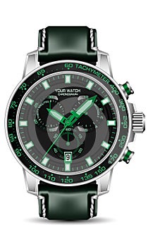 Realistic silver black watch chronograph grey face green leather strap on white backgrounddesign for men fashion vector