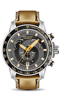 Realistic silver black watch chronograph yellow face leather strap on white backgrounddesign for men fashion vector