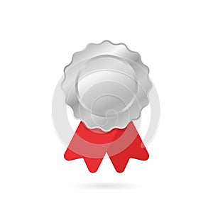 Realistic Silver Circle Medal with Red Ribbon on White Background. Champion Silver Round Trophy for Second Place of