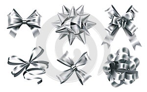 Realistic silver foil bows. Decorative bow, metallic favor ribbon and christmas gift bows 3D vector illustration set