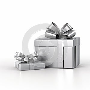 Realistic Silver Gift Box With Untied Ribbons And Bow On White Background