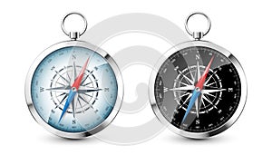 Realistic silver, golden vintage compass with marine wind rose and cardinal directions of North, East, South, West