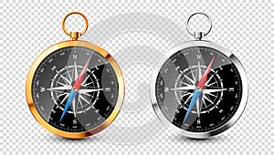 Realistic silver, golden vintage compass with marine wind rose and cardinal directions of North, East, South, West