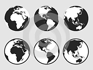 Realistic simple gray world map illustration in globe shape isolated on background