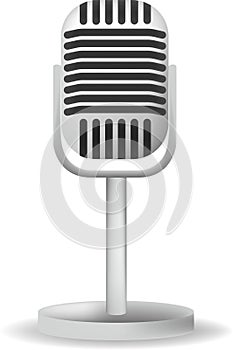 Realistic single silver microphone retro design with black switch on white gray background isolated vector illustration