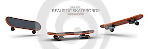 Realistic skateboard from different angles. View of board from above, side, below