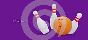 Realistic skittles, orange bowling ball. Advertising poster on purple background