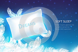Realistic sleep concept. Soft sleep pillow with feathers, clouds and starry night sky mock up. Dream and rest 3D