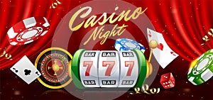 Realistic slot machine with roulette wheel, casino chips and playing cards illustration on red curtain background.