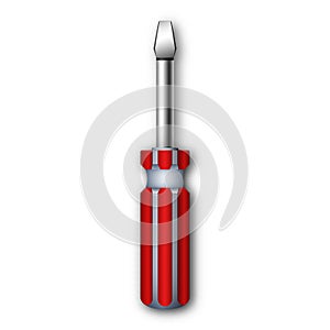 Realistic slotted screwdriver with red handle, vector illustration