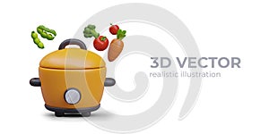 Realistic slow cooker, fresh vegetables. Electrical equipment for cooking at home