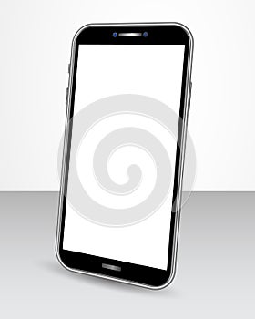 Realistic smartphone with blank screen isolated on glossy table in perspective view . Smart phone mock up design for banner