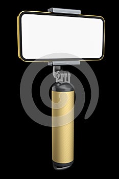 Realistic smartphone with blank white screen and selfie stick isolated on black