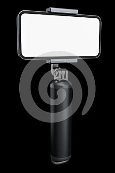 Realistic smartphone with blank white screen and selfie stick isolated on black