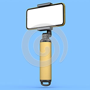 Realistic smartphone with blank white screen and selfie stick isolated on blue