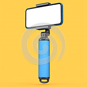 Realistic smartphone with blank white screen and selfie stick isolated on orange