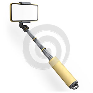 Realistic smartphone with blank white screen and selfie stick isolated on white