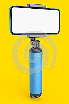 Realistic smartphone with blank white screen and selfie stick isolated on yellow