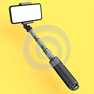 Realistic smartphone with blank white screen and selfie stick isolated on yellow