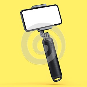 Realistic smartphone with blank white screen and selfie stick isolated on yellow