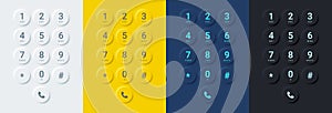 Realistic smartphone dial screen buttons color set. Vector keypad with numbers and letters for phone, screen UI design