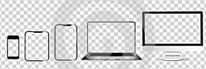 Realistic Smartphone, laptop, tablet and monoblock monitor with transparent and blank screen for you design. Device screen mockup