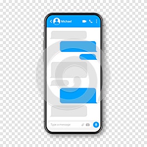 Realistic smartphone with messaging app. Blank SMS text frame. Conversation chat screen with blue message bubbles