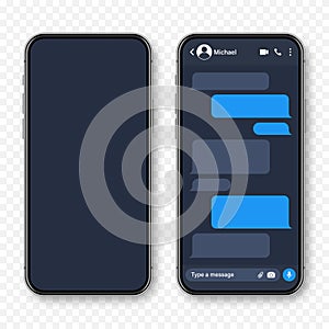 Realistic smartphone with messaging app. Blank SMS text frame. Conversation chat screen with blue message bubbles