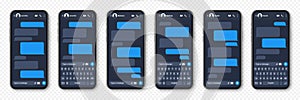 Realistic smartphone with messaging app. Blank SMS text frame. Conversation chat screen with blue message bubbles