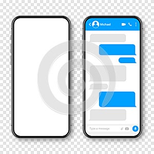 Realistic smartphone with messaging app. Blank SMS text frame. Conversation chat screen with blue message bubbles