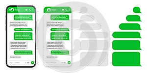 Realistic smartphone with messaging app. Blank SMS text frame. Conversation chat screen with green message bubbles