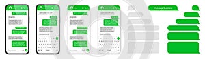 Realistic smartphone with messaging app. Blank SMS text frame. Conversation chat screen with green message bubbles