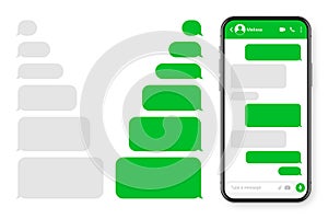 Realistic smartphone with messaging app. Blank SMS text frame. Conversation chat screen with green message bubbles