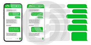 Realistic smartphone with messaging app. Blank SMS text frame. Conversation chat screen with green message bubbles