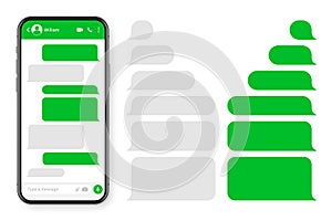 Realistic smartphone with messaging app. Blank SMS text frame. Conversation chat screen with green message bubbles