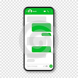 Realistic smartphone with messaging app. Blank SMS text frame. Conversation chat screen with green message bubbles