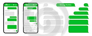 Realistic smartphone with messaging app. Blank SMS text frame. Conversation chat screen with green message bubbles