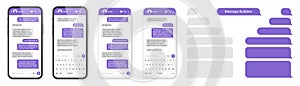 Realistic smartphone with messaging app. Blank SMS text frame. Conversation chat screen with violet message bubbles