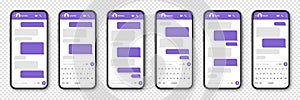 Realistic smartphone with messaging app. Blank SMS text frame. Conversation chat screen with violet message bubbles