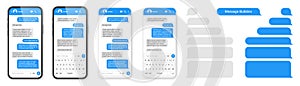 Realistic smartphone with messaging app. Blank SMS text frame. Messenger chat screen with blue message bubbles. Social