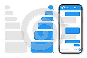 Realistic smartphone with messaging app. Blank SMS text frame. Messenger chat screen with blue message bubbles. Social