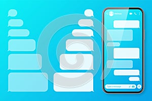 Realistic smartphone with messaging app on colorful blue background. Blank SMS text frame. Chat screen with transparent