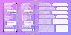 Realistic smartphone with messaging app on colorful violet background. Blank SMS text frame. Chat screen with