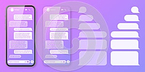 Realistic smartphone with messaging app on colorful violet background. Blank SMS text frame. Chat screen with
