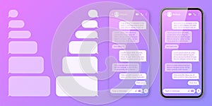 Realistic smartphone with messaging app on colorful violet background. Blank SMS text frame. Chat screen with