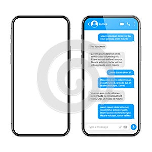 Realistic smartphone with messaging app. SMS text frame. Conversation chat screen with blue message bubbles and
