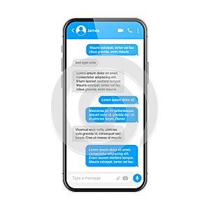 Realistic smartphone with messaging app. SMS text frame. Conversation chat screen with blue message bubbles and