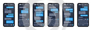 Realistic smartphone with messaging app. SMS text frame. Conversation chat screen with blue message bubbles and