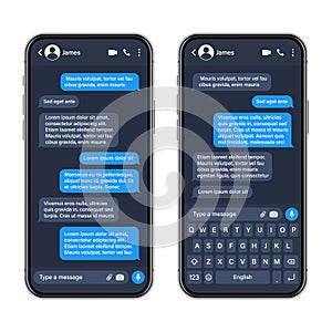 Realistic smartphone with messaging app. SMS text frame. Conversation chat screen with blue message bubbles and